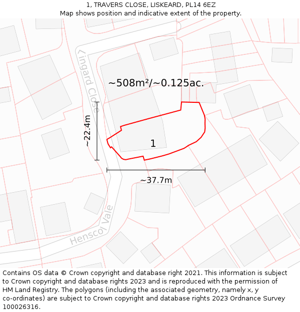 1, TRAVERS CLOSE, LISKEARD, PL14 6EZ: Plot and title map