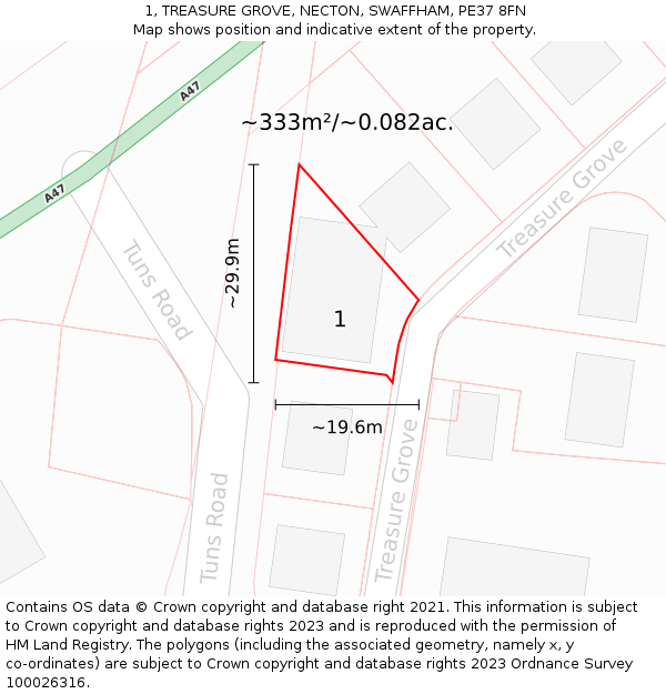 1, TREASURE GROVE, NECTON, SWAFFHAM, PE37 8FN: Plot and title map