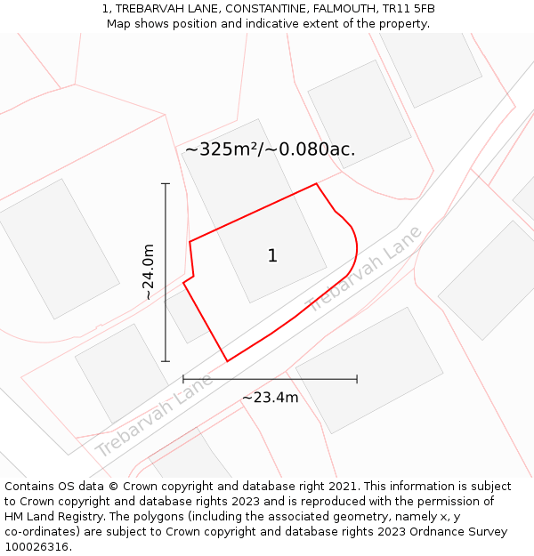 1, TREBARVAH LANE, CONSTANTINE, FALMOUTH, TR11 5FB: Plot and title map