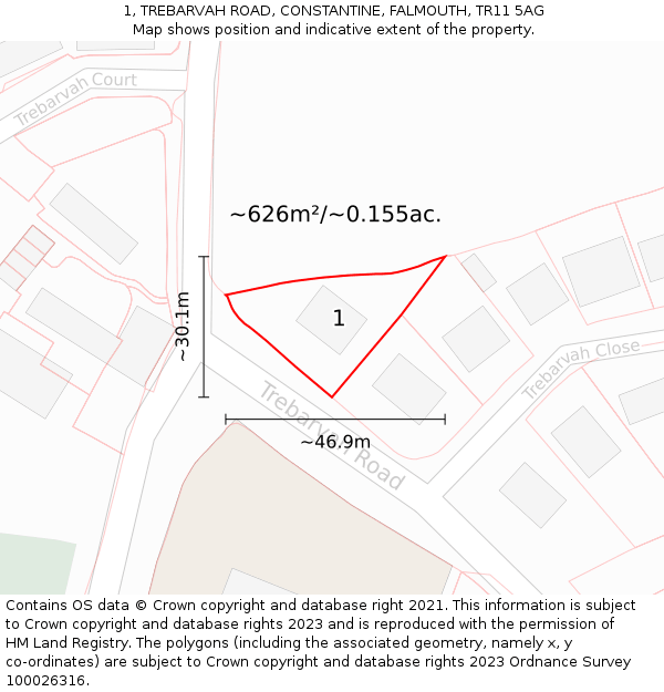 1, TREBARVAH ROAD, CONSTANTINE, FALMOUTH, TR11 5AG: Plot and title map