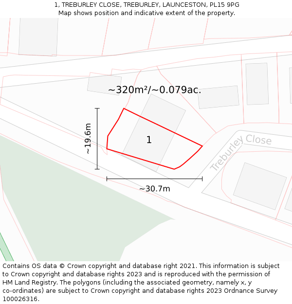 1, TREBURLEY CLOSE, TREBURLEY, LAUNCESTON, PL15 9PG: Plot and title map