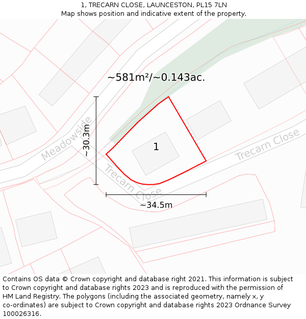 1, TRECARN CLOSE, LAUNCESTON, PL15 7LN: Plot and title map