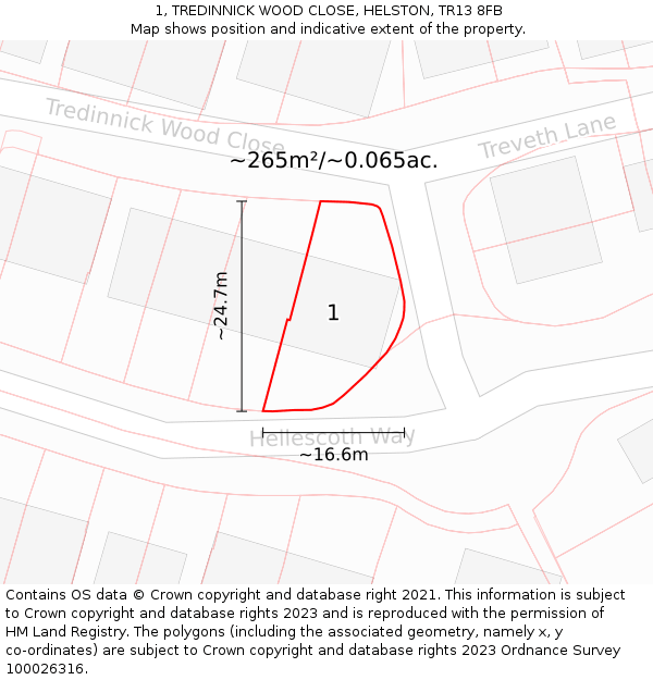 1, TREDINNICK WOOD CLOSE, HELSTON, TR13 8FB: Plot and title map