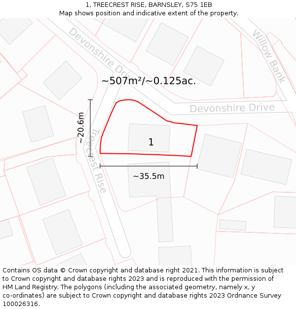 1, TREECREST RISE, BARNSLEY, S75 1EB: Plot and title map