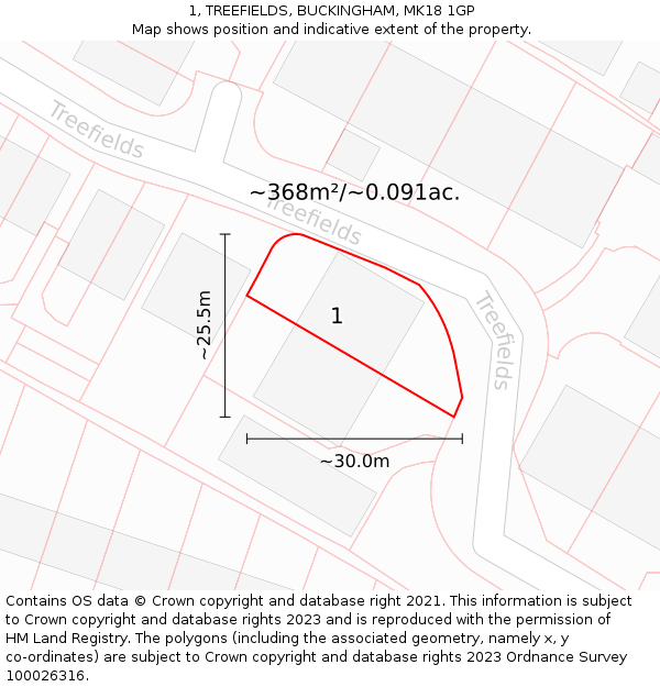 1, TREEFIELDS, BUCKINGHAM, MK18 1GP: Plot and title map