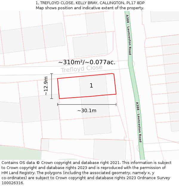 1, TREFLOYD CLOSE, KELLY BRAY, CALLINGTON, PL17 8DP: Plot and title map