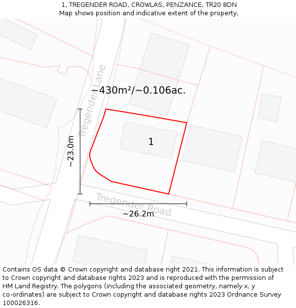 1, TREGENDER ROAD, CROWLAS, PENZANCE, TR20 8DN: Plot and title map