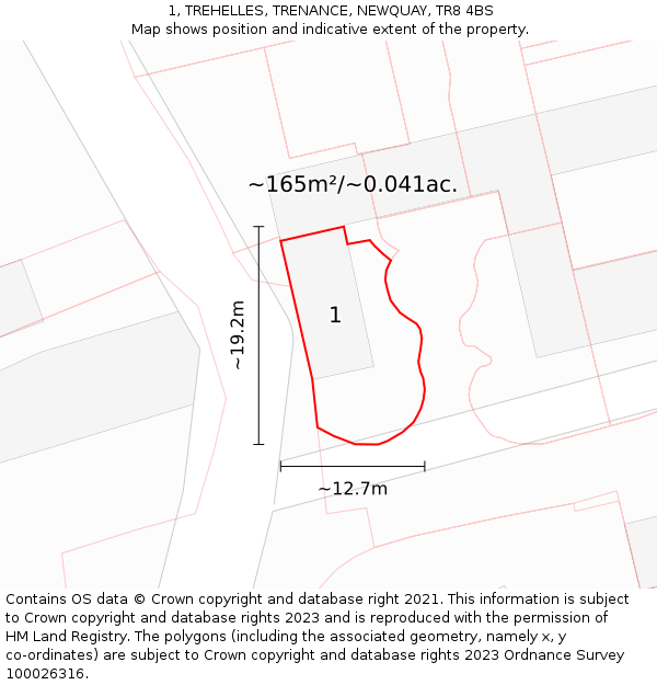 1, TREHELLES, TRENANCE, NEWQUAY, TR8 4BS: Plot and title map