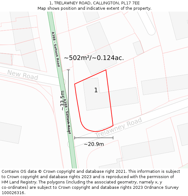 1, TRELAWNEY ROAD, CALLINGTON, PL17 7EE: Plot and title map