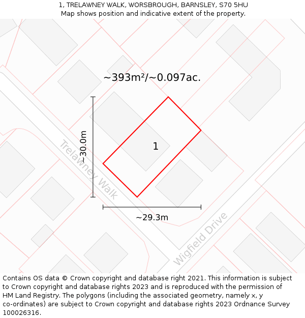 1, TRELAWNEY WALK, WORSBROUGH, BARNSLEY, S70 5HU: Plot and title map