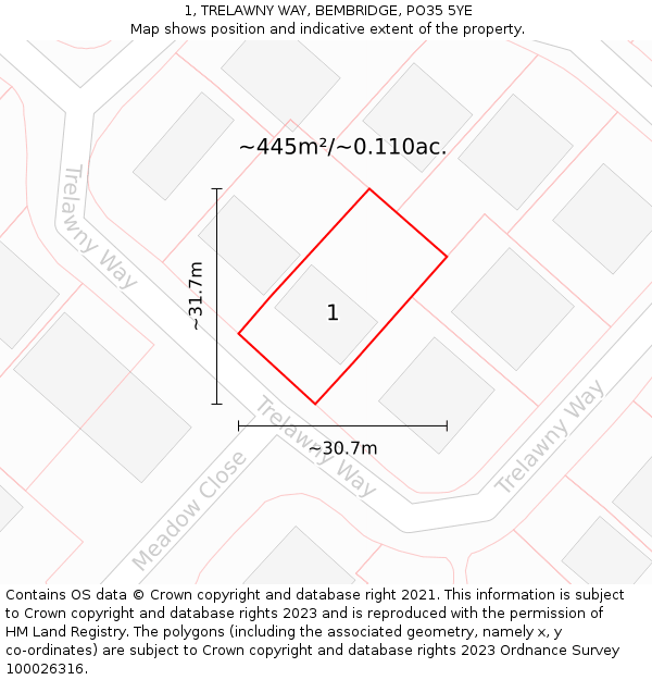 1, TRELAWNY WAY, BEMBRIDGE, PO35 5YE: Plot and title map