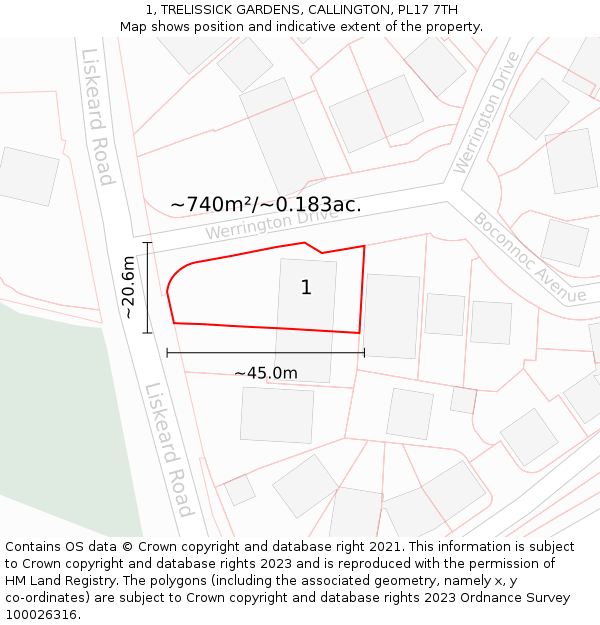 1, TRELISSICK GARDENS, CALLINGTON, PL17 7TH: Plot and title map