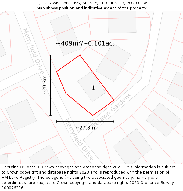 1, TRETAWN GARDENS, SELSEY, CHICHESTER, PO20 0DW: Plot and title map