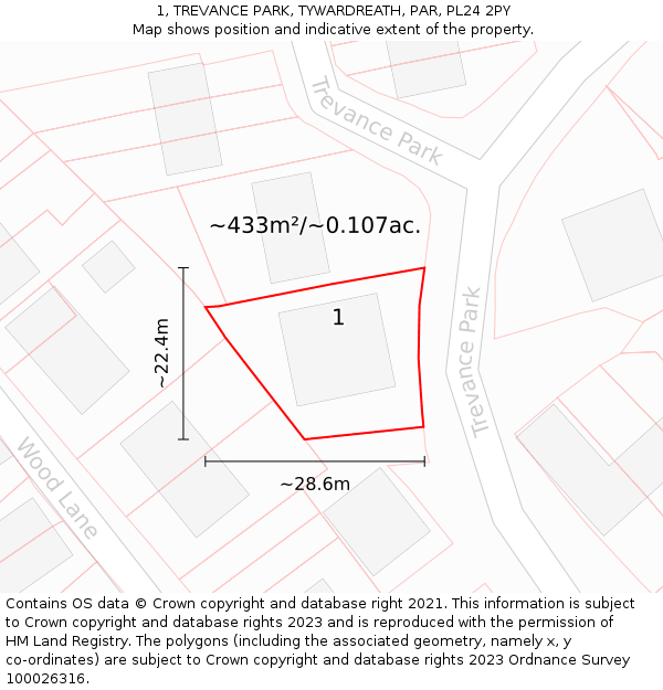 1, TREVANCE PARK, TYWARDREATH, PAR, PL24 2PY: Plot and title map