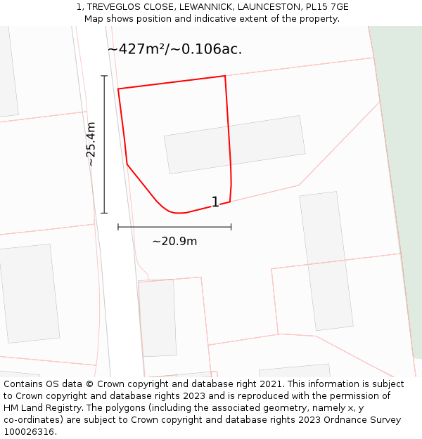 1, TREVEGLOS CLOSE, LEWANNICK, LAUNCESTON, PL15 7GE: Plot and title map