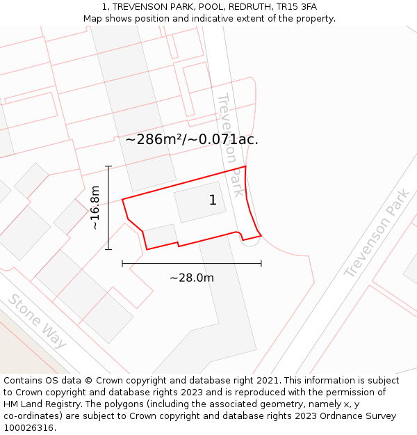 1, TREVENSON PARK, POOL, REDRUTH, TR15 3FA: Plot and title map