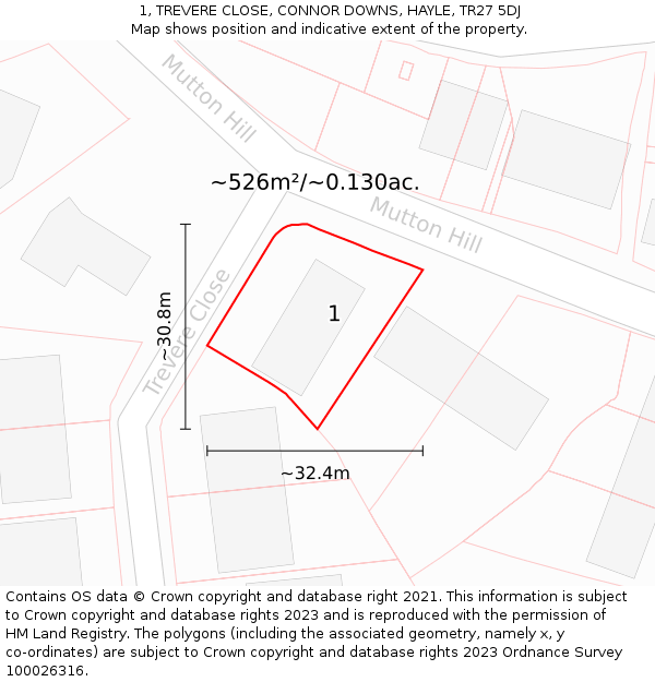 1, TREVERE CLOSE, CONNOR DOWNS, HAYLE, TR27 5DJ: Plot and title map