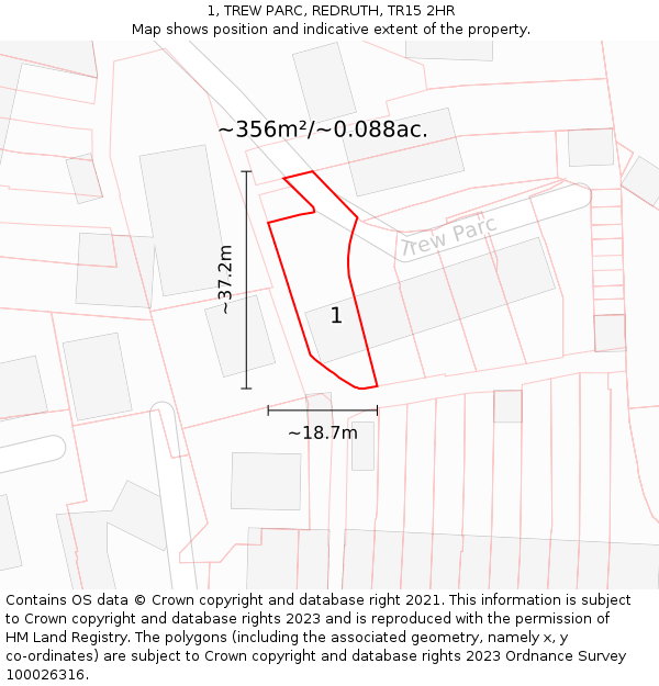 1, TREW PARC, REDRUTH, TR15 2HR: Plot and title map