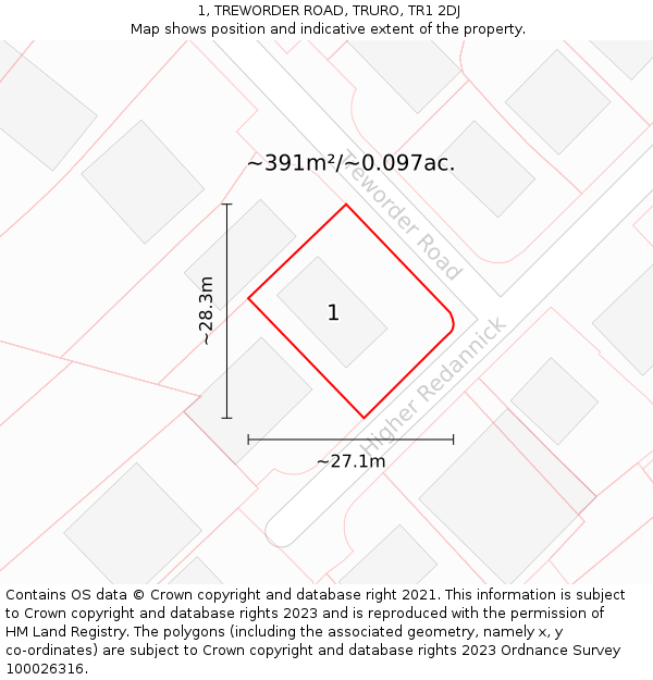 1, TREWORDER ROAD, TRURO, TR1 2DJ: Plot and title map