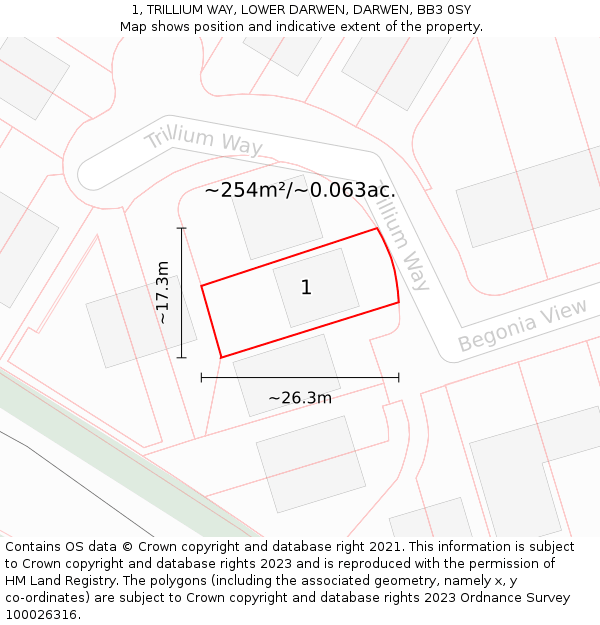 1, TRILLIUM WAY, LOWER DARWEN, DARWEN, BB3 0SY: Plot and title map