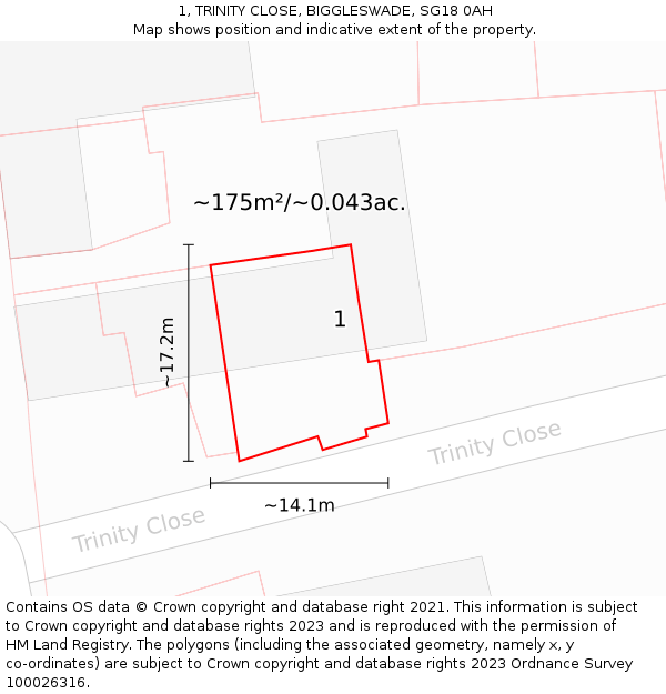 1, TRINITY CLOSE, BIGGLESWADE, SG18 0AH: Plot and title map