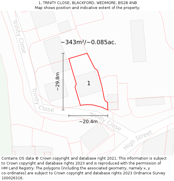 1, TRINITY CLOSE, BLACKFORD, WEDMORE, BS28 4NB: Plot and title map