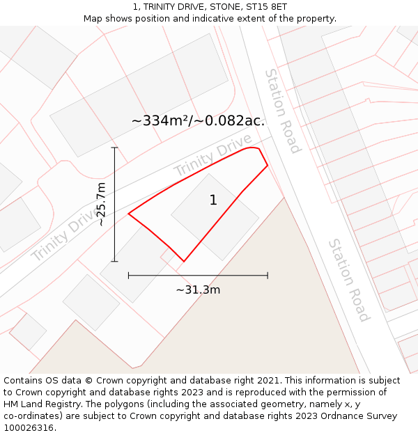 1, TRINITY DRIVE, STONE, ST15 8ET: Plot and title map