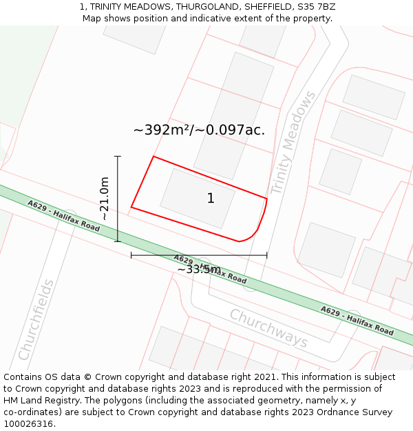 1, TRINITY MEADOWS, THURGOLAND, SHEFFIELD, S35 7BZ: Plot and title map