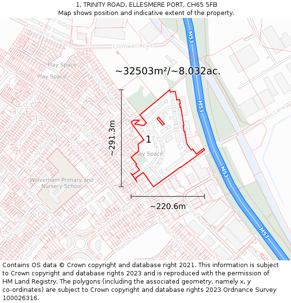 1, TRINITY ROAD, ELLESMERE PORT, CH65 5FB: Plot and title map