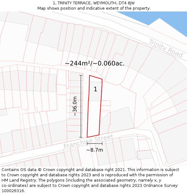1, TRINITY TERRACE, WEYMOUTH, DT4 8JW: Plot and title map