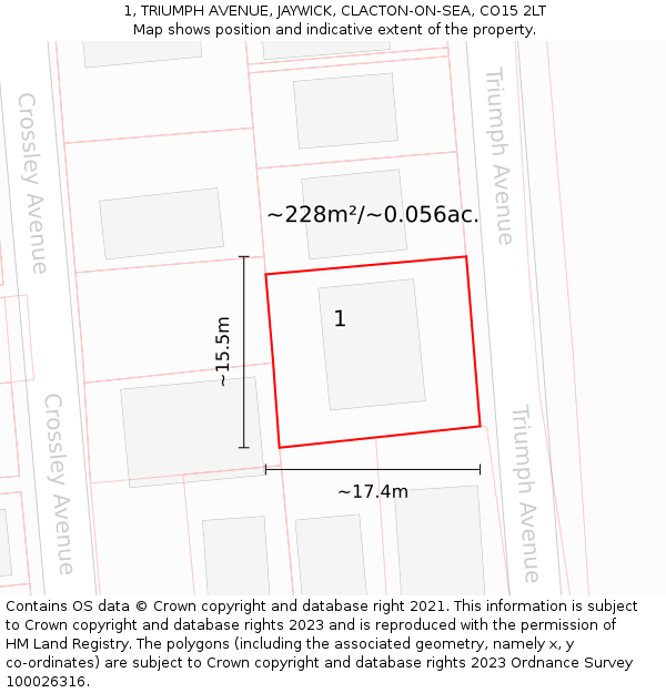 1, TRIUMPH AVENUE, JAYWICK, CLACTON-ON-SEA, CO15 2LT: Plot and title map