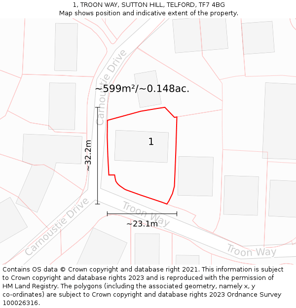 1, TROON WAY, SUTTON HILL, TELFORD, TF7 4BG: Plot and title map
