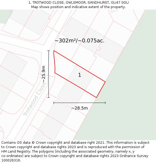 1, TROTWOOD CLOSE, OWLSMOOR, SANDHURST, GU47 0GU: Plot and title map