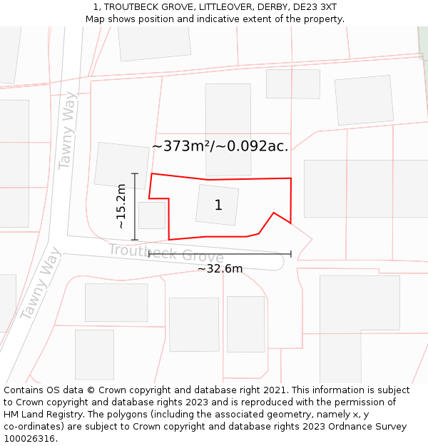 1, TROUTBECK GROVE, LITTLEOVER, DERBY, DE23 3XT: Plot and title map