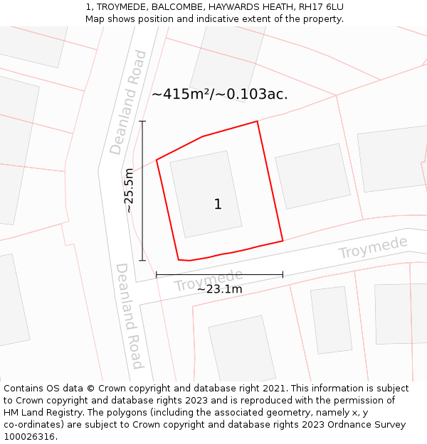 1, TROYMEDE, BALCOMBE, HAYWARDS HEATH, RH17 6LU: Plot and title map