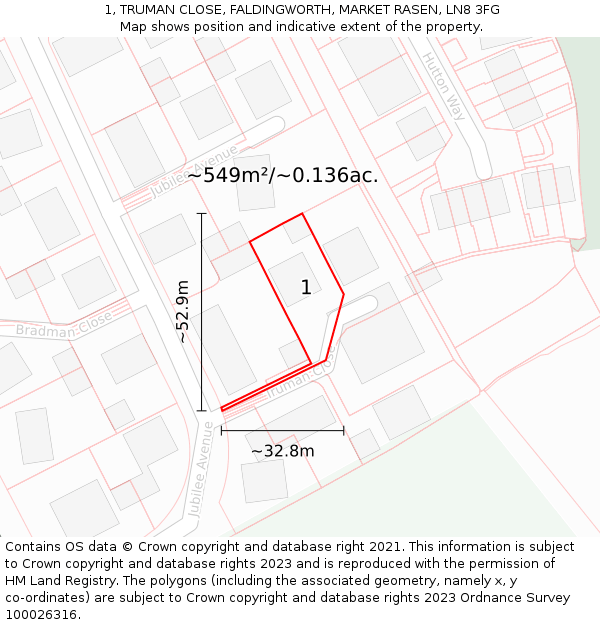 1, TRUMAN CLOSE, FALDINGWORTH, MARKET RASEN, LN8 3FG: Plot and title map