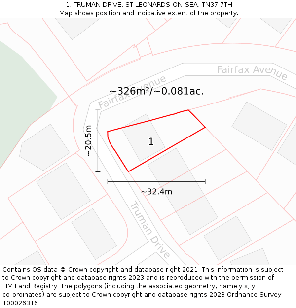 1, TRUMAN DRIVE, ST LEONARDS-ON-SEA, TN37 7TH: Plot and title map