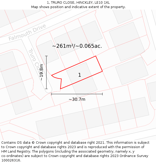 1, TRURO CLOSE, HINCKLEY, LE10 1XL: Plot and title map
