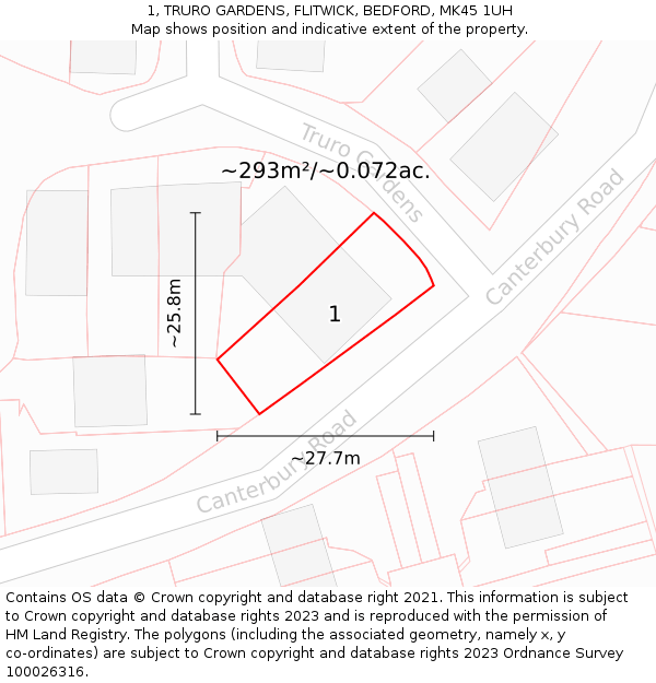 1, TRURO GARDENS, FLITWICK, BEDFORD, MK45 1UH: Plot and title map