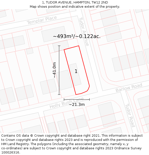 1, TUDOR AVENUE, HAMPTON, TW12 2ND: Plot and title map