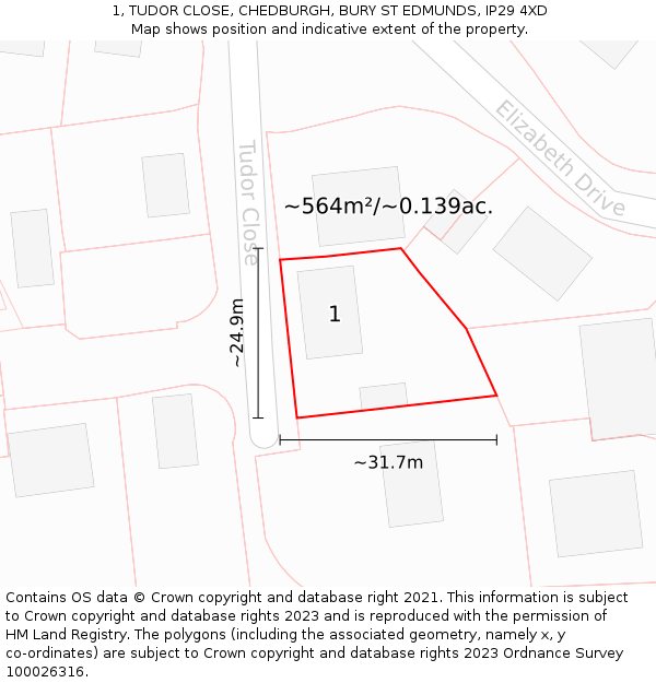 1, TUDOR CLOSE, CHEDBURGH, BURY ST EDMUNDS, IP29 4XD: Plot and title map
