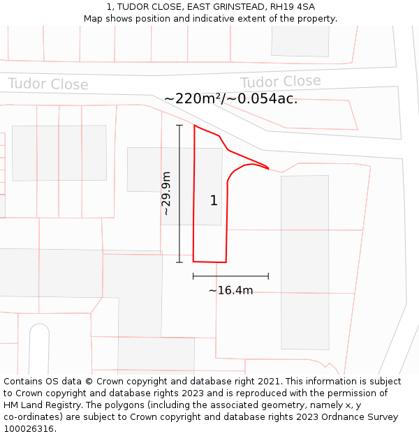 1, TUDOR CLOSE, EAST GRINSTEAD, RH19 4SA: Plot and title map