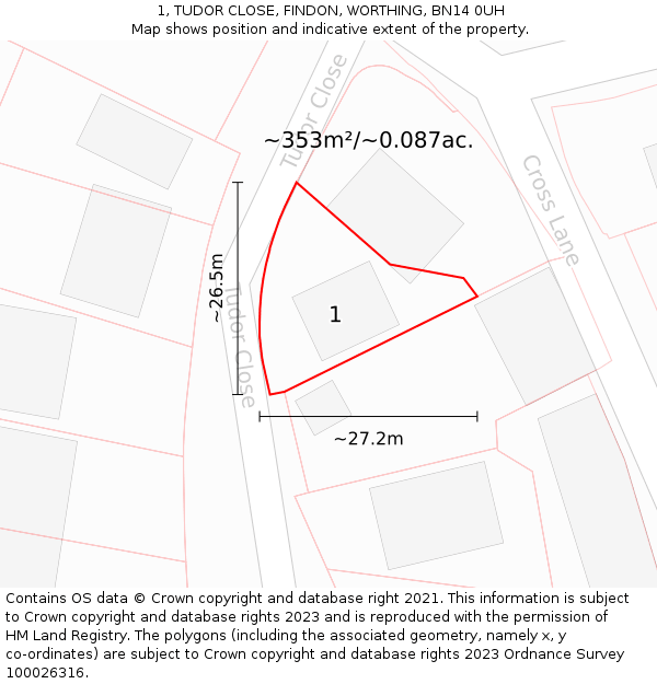 1, TUDOR CLOSE, FINDON, WORTHING, BN14 0UH: Plot and title map