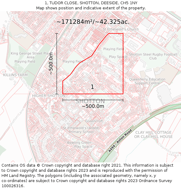 1, TUDOR CLOSE, SHOTTON, DEESIDE, CH5 1NY: Plot and title map