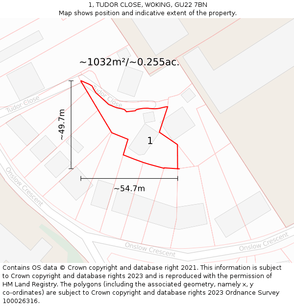 1, TUDOR CLOSE, WOKING, GU22 7BN: Plot and title map