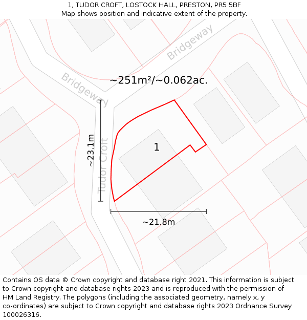 1, TUDOR CROFT, LOSTOCK HALL, PRESTON, PR5 5BF: Plot and title map