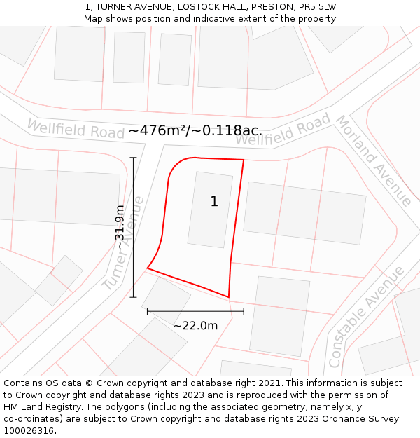1, TURNER AVENUE, LOSTOCK HALL, PRESTON, PR5 5LW: Plot and title map