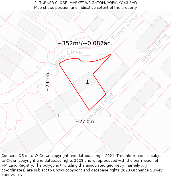 1, TURNER CLOSE, MARKET WEIGHTON, YORK, YO43 3AD: Plot and title map