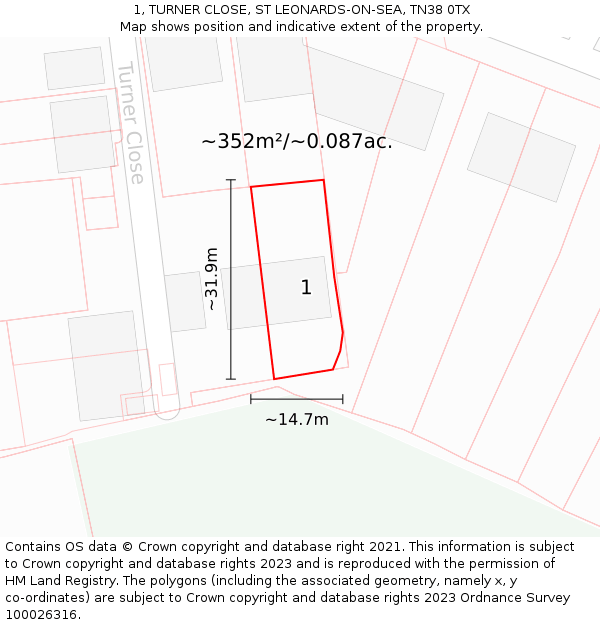 1, TURNER CLOSE, ST LEONARDS-ON-SEA, TN38 0TX: Plot and title map