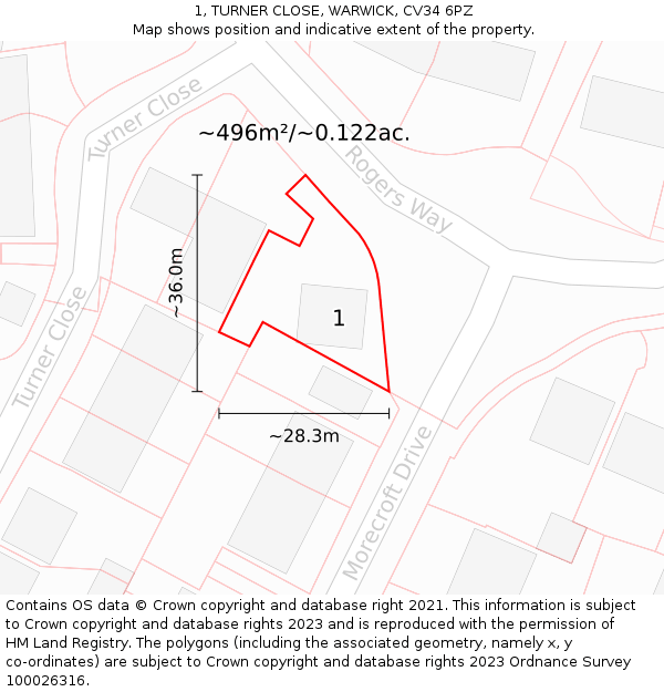 1, TURNER CLOSE, WARWICK, CV34 6PZ: Plot and title map